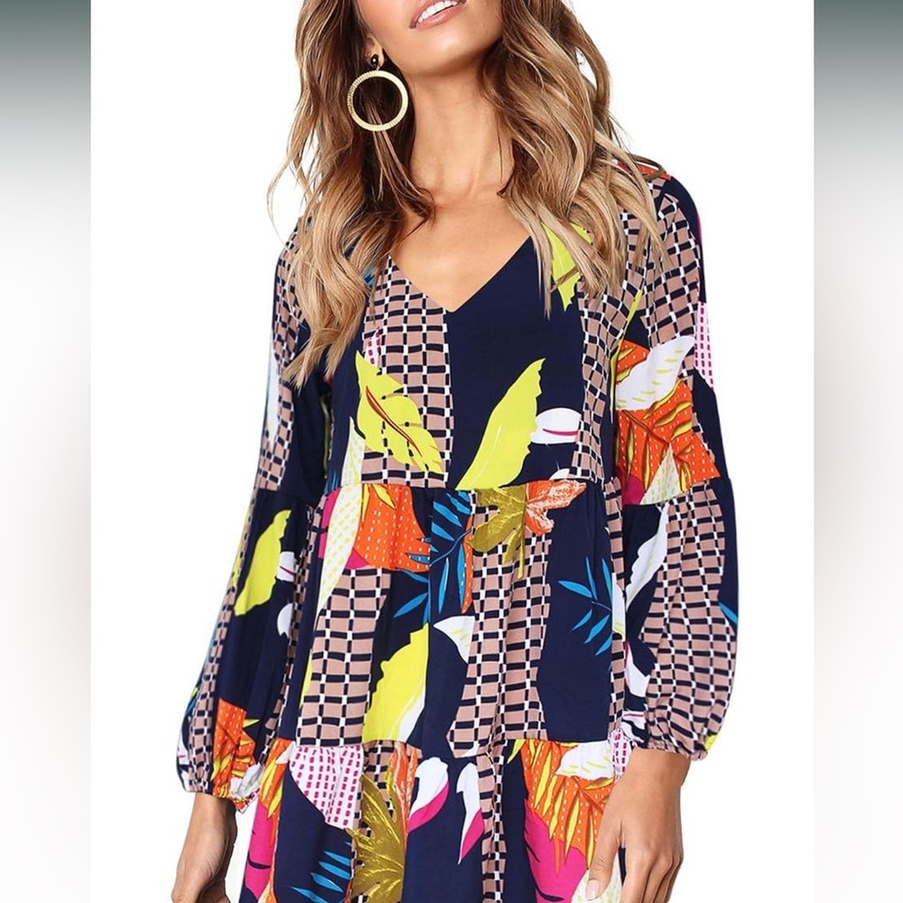 Amoretu Women Summer Tunic Dress V Neck Casual Loose Flowy Swing Shift Dresses